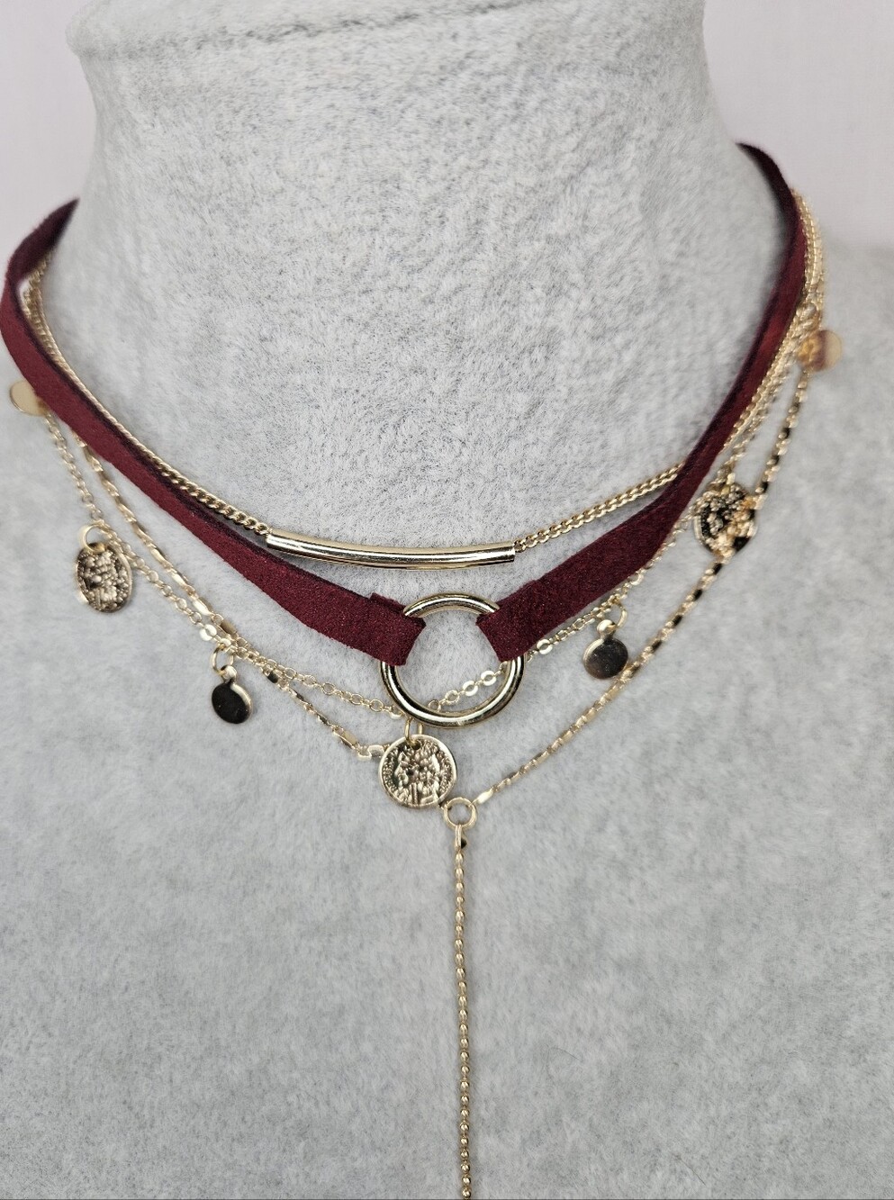 NWOT Burgundy Suede Gold Layered Choker Necklace Set Multi Strand 12-16" - Picture 3 of 10
